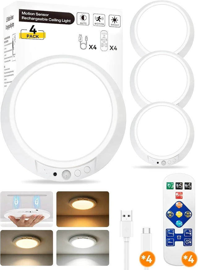Main image of 8000mAh Rechargeable Ceiling Light with Remote, Motion Sensor or Constant-On, 7.55-Inch Magnetic Battery Operated Lamp, Dimmable 3 Color Temperatures, for Closet and Shower, 4 Pack