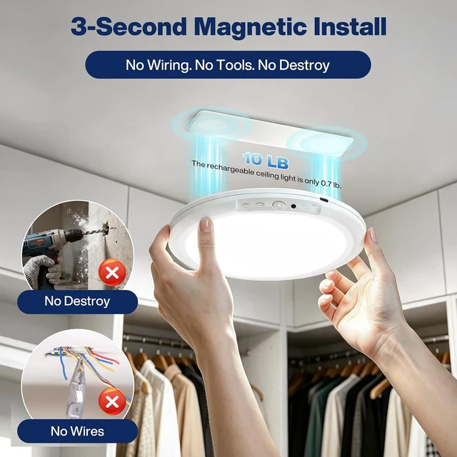 Alt view image 4 of 7 - 8000mAh Rechargeable Ceiling Light with Remote, Motion Sensor or Constant-On, 7.55-Inch Magnetic Battery Operated Lamp, Dimmable 3 Color Temperatures, for Closet and Shower, 4 Pack