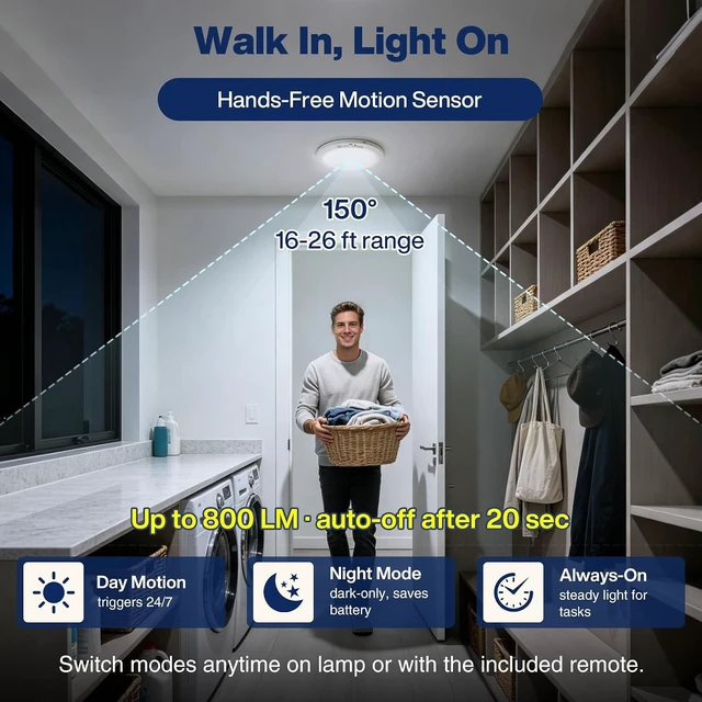 Alt view image 7 of 7 - 8000mAh Rechargeable Ceiling Light with Remote, Motion Sensor or Constant-On, 7.55-Inch Magnetic Battery Operated Lamp, Dimmable 3 Color Temperatures, for Closet and Shower, 4 Pack