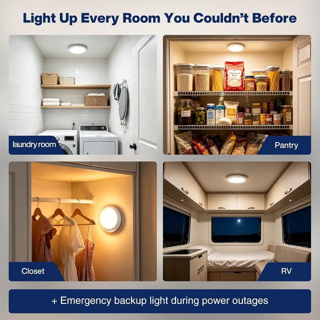 Alt view image 6 of 7 - 8000mAh Rechargeable Ceiling Light with Remote, Motion Sensor or Constant-On, 7.55-Inch Magnetic Battery Operated Lamp, Dimmable 3 Color Temperatures, for Closet and Shower, 4 Pack