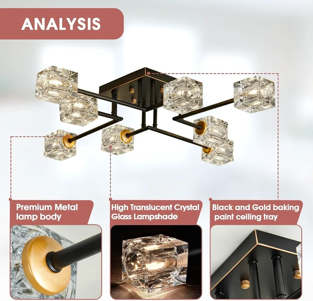 Alt view image 3 of 7 - Modern 8-Light Semi Flush Mount Ceiling Light Fixture Black and Gold Chandelier Farmhouse Ceiling Lamp for Dining Room Bedroom Bathroom Entryway Hallway Stairway