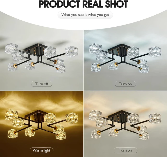 Alt view image 4 of 7 - Modern 8-Light Semi Flush Mount Ceiling Light Fixture Black and Gold Chandelier Farmhouse Ceiling Lamp for Dining Room Bedroom Bathroom Entryway Hallway Stairway