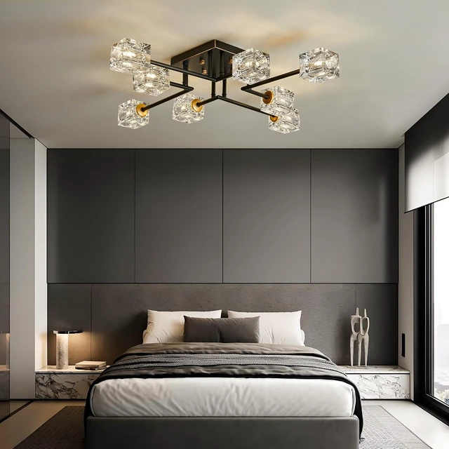 Alt view image 6 of 7 - Modern 8-Light Semi Flush Mount Ceiling Light Fixture Black and Gold Chandelier Farmhouse Ceiling Lamp for Dining Room Bedroom Bathroom Entryway Hallway Stairway