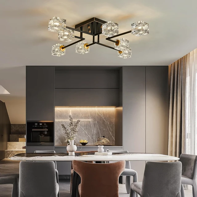 Alt view image 5 of 7 - Modern 8-Light Semi Flush Mount Ceiling Light Fixture Black and Gold Chandelier Farmhouse Ceiling Lamp for Dining Room Bedroom Bathroom Entryway Hallway Stairway