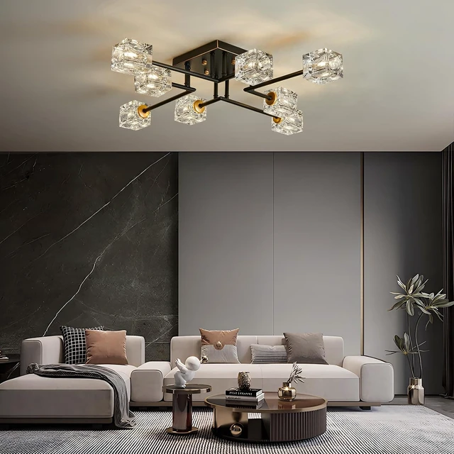 Alt view image 7 of 7 - Modern 8-Light Semi Flush Mount Ceiling Light Fixture Black and Gold Chandelier Farmhouse Ceiling Lamp for Dining Room Bedroom Bathroom Entryway Hallway Stairway