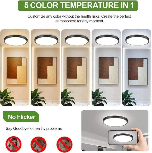 Alt view image 2 of 7 - 2-Pack 36W Dimmable LED Ceiling Lights Black, 13 inch Flush Mount Light Fixtures 3600LM 2700K/3000K/4000K/5000K/6500K Color Changing Ceiling Lights, Modern Lighting for Kitchen Living Room Bedroom