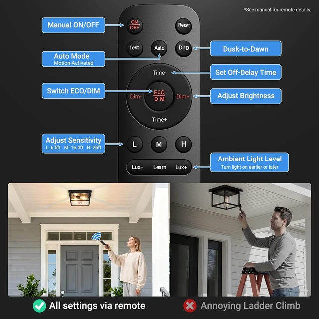 Alt view image 4 of 7 - VIANIS Black Motion Sensor Outdoor Ceiling Light with Remote Control