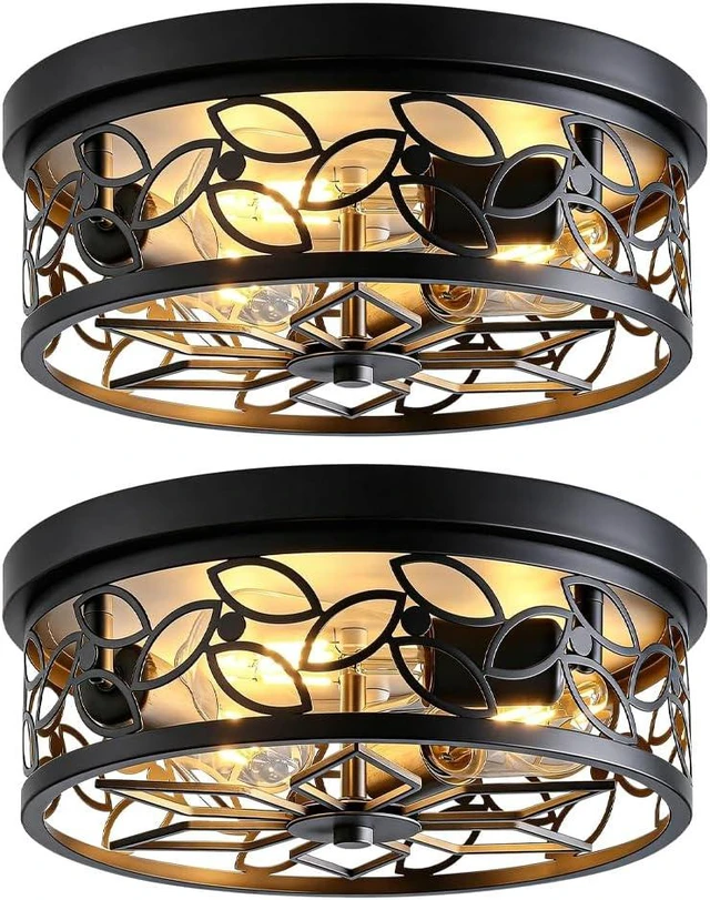 Main image of 12.6" Gold Accent Flush Mount Ceiling Light, 3-Light Floral Metal Ceiling Fixture with White Distressed Finish, Farmhouse Hallway Light for Kitchen Entryway Bedroom, E26 Bas (2, Black)