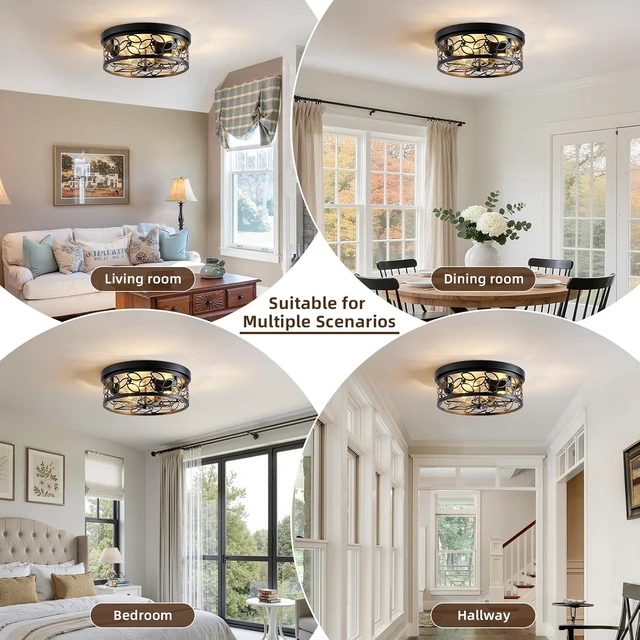 Alt view image 2 of 7 - 12.6" Gold Accent Flush Mount Ceiling Light, 3-Light Floral Metal Ceiling Fixture with White Distressed Finish, Farmhouse Hallway Light for Kitchen Entryway Bedroom, E26 Bas (2, Black)