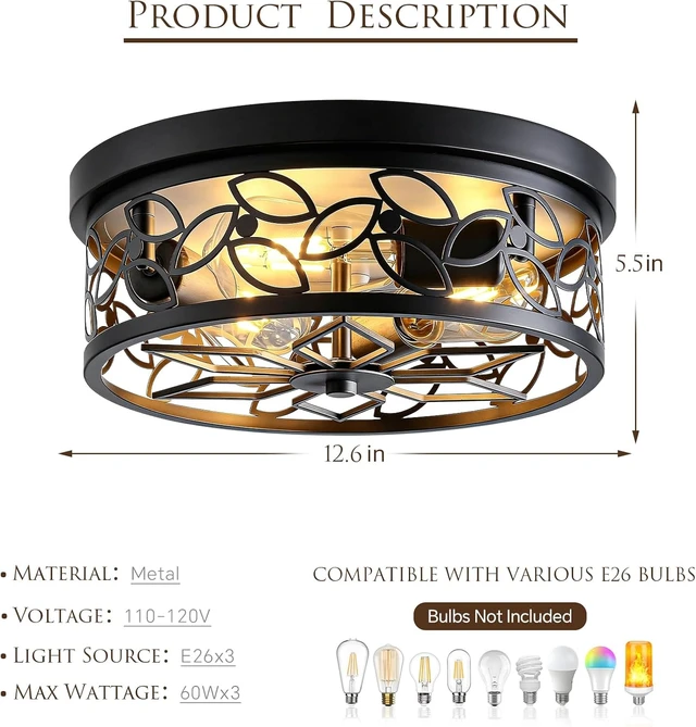 Alt view image 3 of 7 - 12.6" Gold Accent Flush Mount Ceiling Light, 3-Light Floral Metal Ceiling Fixture with White Distressed Finish, Farmhouse Hallway Light for Kitchen Entryway Bedroom, E26 Bas (2, Black)