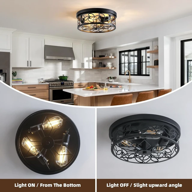 Alt view image 4 of 7 - 12.6" Gold Accent Flush Mount Ceiling Light, 3-Light Floral Metal Ceiling Fixture with White Distressed Finish, Farmhouse Hallway Light for Kitchen Entryway Bedroom, E26 Bas (2, Black)