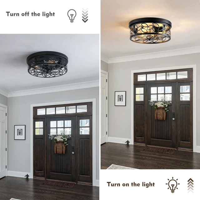 Alt view image 6 of 7 - 12.6" Gold Accent Flush Mount Ceiling Light, 3-Light Floral Metal Ceiling Fixture with White Distressed Finish, Farmhouse Hallway Light for Kitchen Entryway Bedroom, E26 Bas (2, Black)
