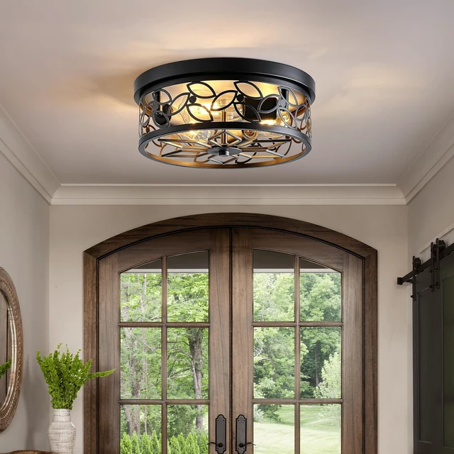 Alt view image 7 of 7 - 12.6" Gold Accent Flush Mount Ceiling Light, 3-Light Floral Metal Ceiling Fixture with White Distressed Finish, Farmhouse Hallway Light for Kitchen Entryway Bedroom, E26 Bas (2, Black)