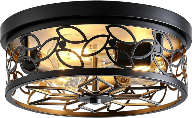 Main image of 12.6" Gold Accent Flush Mount Ceiling Light, 3-Light Floral Metal Ceiling Fixture with White Distressed Finish, Farmhouse Hallway Light for Kitchen Entryway Bedroom, E26 Bas (1, Black)