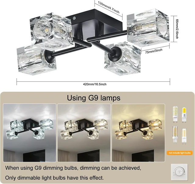 Alt view image 5 of 7 - 4-Light Crystal Semi Flush Ceiling Light Matte Black G9