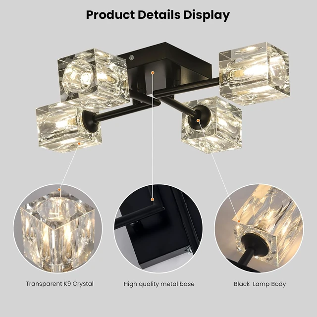 Alt view image 4 of 7 - 4-Light Crystal Semi Flush Ceiling Light Matte Black G9