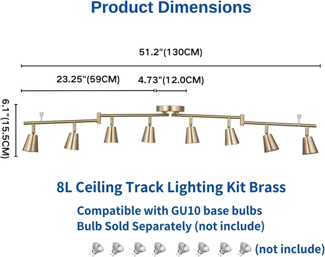 Alt view image 2 of 6 - 8 Light LED Track Lighting Kit, Matte Brass Adjustable with Moden Flush Mount Ceiling Spotlight,GU10 Socket Bulbs,Flexible Foldable Arms for Kitchen,Dining,Living Room, Bedroom