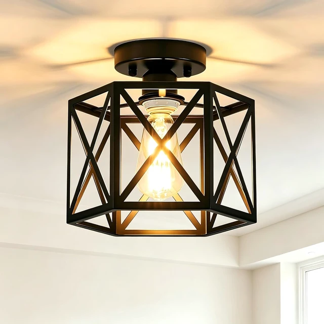 Main image of Modern Farmhouse Semi Flush Mount Ceiling Light Fixture, 9.5in Hexagonal Metal Cage Industrial Fixture, Rustic Entryway Hallway Lighting Fixtures for Kitchen Bedroom Foyer Laundry Room