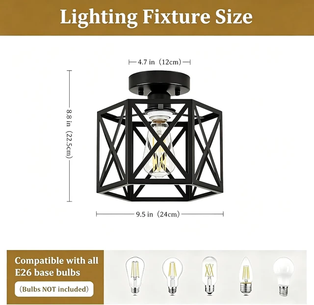 Alt view image 2 of 7 - Modern Farmhouse Semi Flush Mount Ceiling Light Fixture, 9.5in Hexagonal Metal Cage Industrial Fixture, Rustic Entryway Hallway Lighting Fixtures for Kitchen Bedroom Foyer Laundry Room