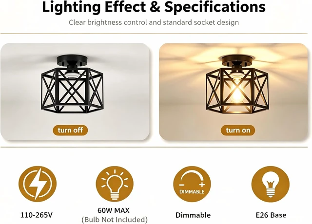 Alt view image 3 of 7 - Modern Farmhouse Semi Flush Mount Ceiling Light Fixture, 9.5in Hexagonal Metal Cage Industrial Fixture, Rustic Entryway Hallway Lighting Fixtures for Kitchen Bedroom Foyer Laundry Room