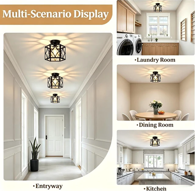 Alt view image 4 of 7 - Modern Farmhouse Semi Flush Mount Ceiling Light Fixture, 9.5in Hexagonal Metal Cage Industrial Fixture, Rustic Entryway Hallway Lighting Fixtures for Kitchen Bedroom Foyer Laundry Room