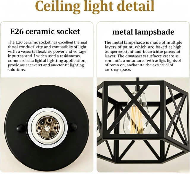 Alt view image 5 of 7 - Modern Farmhouse Semi Flush Mount Ceiling Light Fixture, 9.5in Hexagonal Metal Cage Industrial Fixture, Rustic Entryway Hallway Lighting Fixtures for Kitchen Bedroom Foyer Laundry Room
