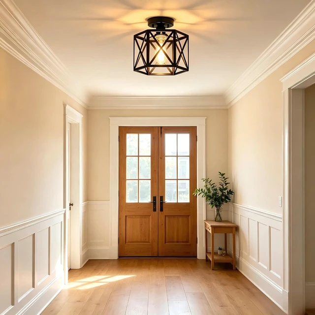Alt view image 6 of 7 - Modern Farmhouse Semi Flush Mount Ceiling Light Fixture, 9.5in Hexagonal Metal Cage Industrial Fixture, Rustic Entryway Hallway Lighting Fixtures for Kitchen Bedroom Foyer Laundry Room