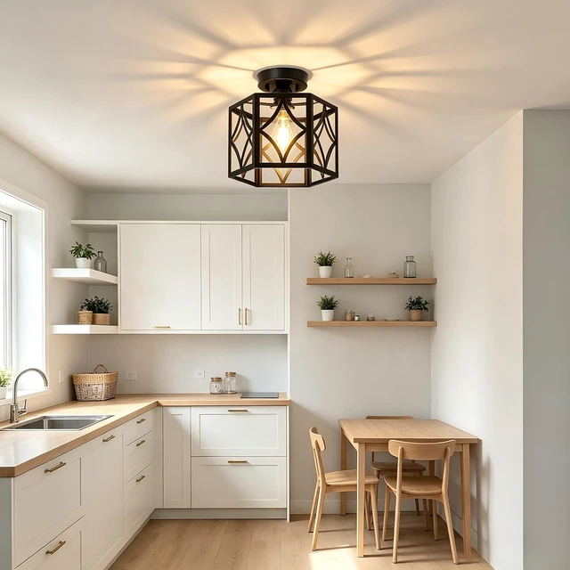 Alt view image 7 of 7 - Modern Farmhouse Semi Flush Mount Ceiling Light Fixture, 9.5in Hexagonal Metal Cage Industrial Fixture, Rustic Entryway Hallway Lighting Fixtures for Kitchen Bedroom Foyer Laundry Room