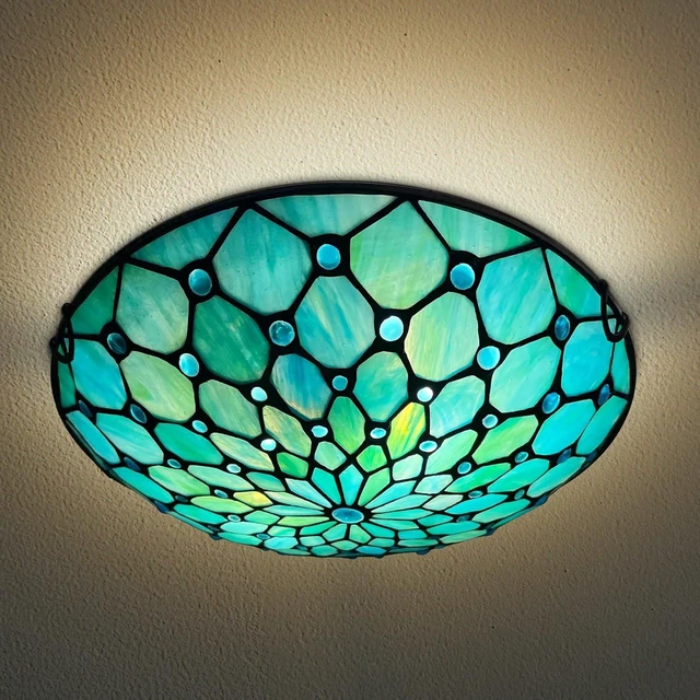 Main image of ARTZONE Tiffany Ceiling Lights, Stained Glass Ceiling Light 2-Lights 12 Inch Tiffany Flush Mount Ceiling Light for Bedroom Dining Living Room Entryway Foyer(Blue)