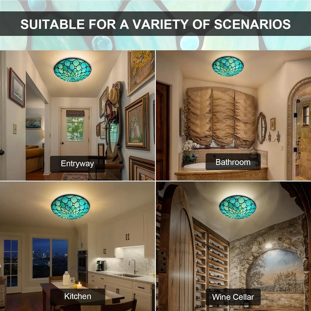 Alt view image 3 of 7 - ARTZONE Tiffany Ceiling Lights, Stained Glass Ceiling Light 2-Lights 12 Inch Tiffany Flush Mount Ceiling Light for Bedroom Dining Living Room Entryway Foyer(Blue)