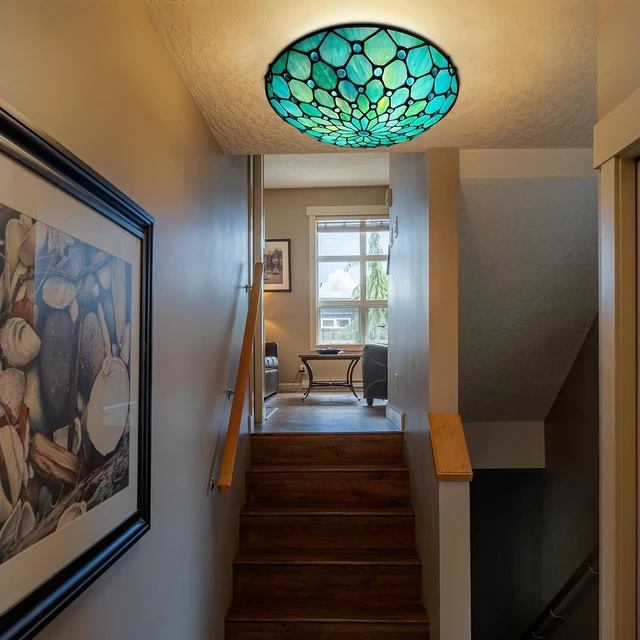Alt view image 4 of 7 - ARTZONE Tiffany Ceiling Lights, Stained Glass Ceiling Light 2-Lights 12 Inch Tiffany Flush Mount Ceiling Light for Bedroom Dining Living Room Entryway Foyer(Blue)