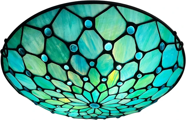 Alt view image 7 of 7 - ARTZONE Tiffany Ceiling Lights, Stained Glass Ceiling Light 2-Lights 12 Inch Tiffany Flush Mount Ceiling Light for Bedroom Dining Living Room Entryway Foyer(Blue)