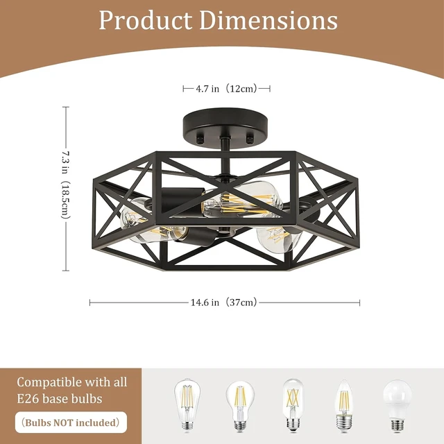 Alt view image 2 of 7 - Modern Farmhouse Black Semi Flush Mount Ceiling Light 14.6 Inch
