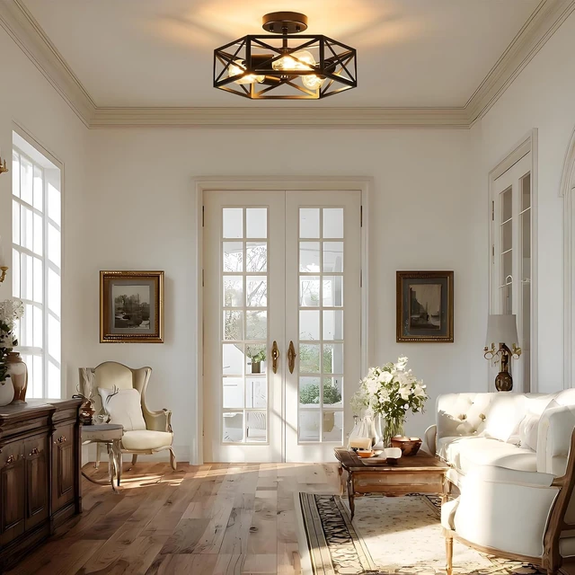 Alt view image 4 of 7 - Modern Farmhouse Black Semi Flush Mount Ceiling Light 14.6 Inch