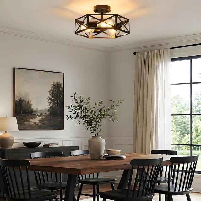 Alt view image 5 of 7 - Modern Farmhouse Black Semi Flush Mount Ceiling Light 14.6 Inch