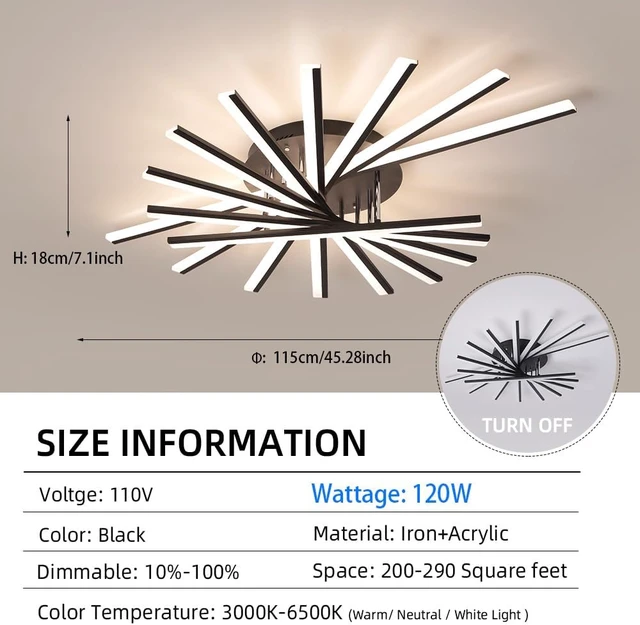 Alt view image 2 of 7 - JAYMP 9 Lights Linear Modern Ceiling Lamp 45.3 inch Dimmable Led Semi Flush Mount Black Spiral Ceiling Light Fixture for Bedroom Dining Room Kitchen Island Living Room