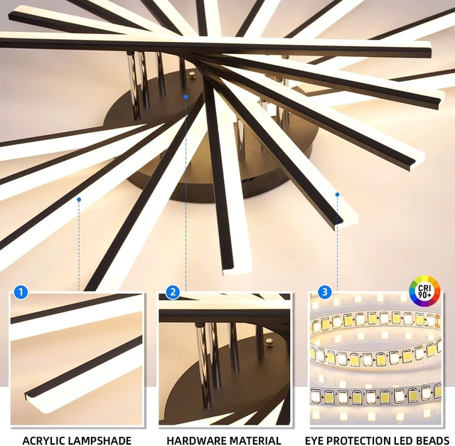 Alt view image 4 of 7 - JAYMP 9 Lights Linear Modern Ceiling Lamp 45.3 inch Dimmable Led Semi Flush Mount Black Spiral Ceiling Light Fixture for Bedroom Dining Room Kitchen Island Living Room