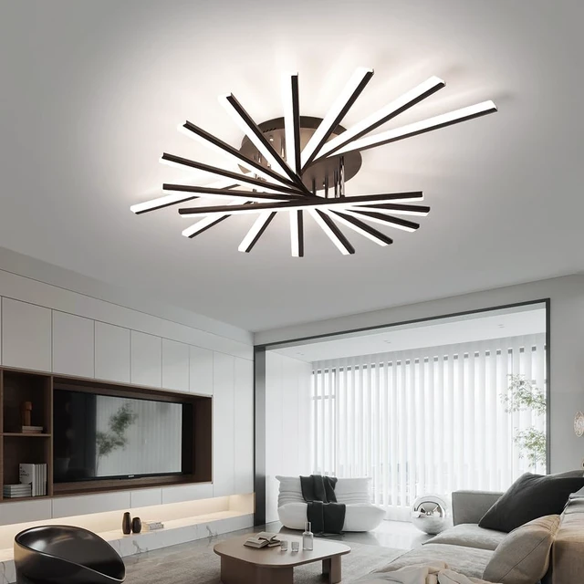Alt view image 6 of 7 - JAYMP 9 Lights Linear Modern Ceiling Lamp 45.3 inch Dimmable Led Semi Flush Mount Black Spiral Ceiling Light Fixture for Bedroom Dining Room Kitchen Island Living Room
