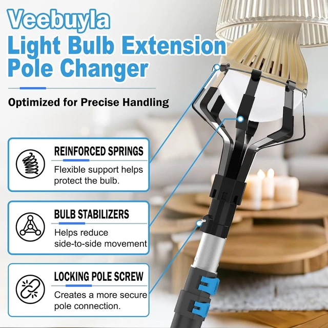 Alt view image 2 of 7 - 20FT Reach Light Bulb Changer for High Ceilings, Light Bulb Changer Pole 5-15FT Tool, Bulb Remover & Utility Hook, Home Bulb Replacement, Universal Thread Fits Most Cleaning Attachments