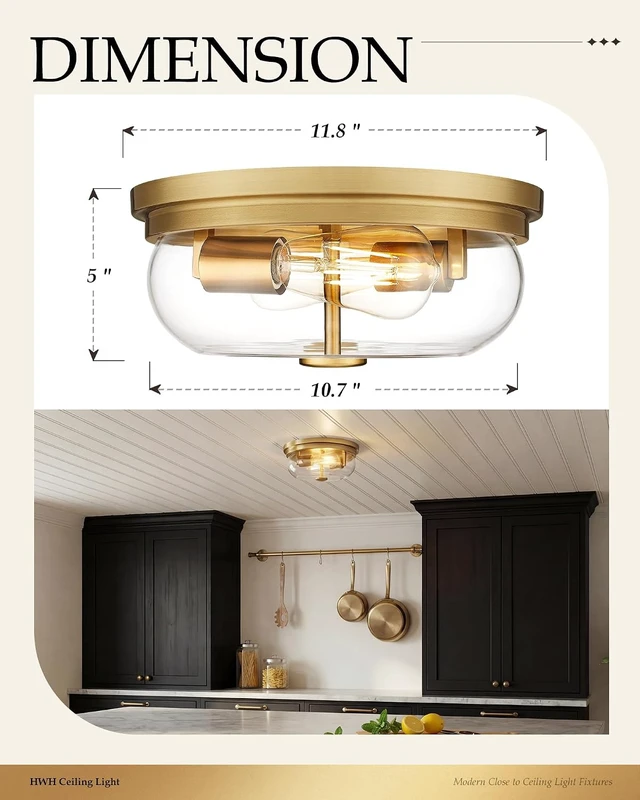 Alt view image 2 of 7 - Flush Mount Ceiling Light Fixture, HWH 2-Light Ceiling Light Fixture with Clear Glass, 12 Inch Light Fixtures Ceiling Mount for Kitchen, Bedroom, Bathroom, 5HJX109F BG