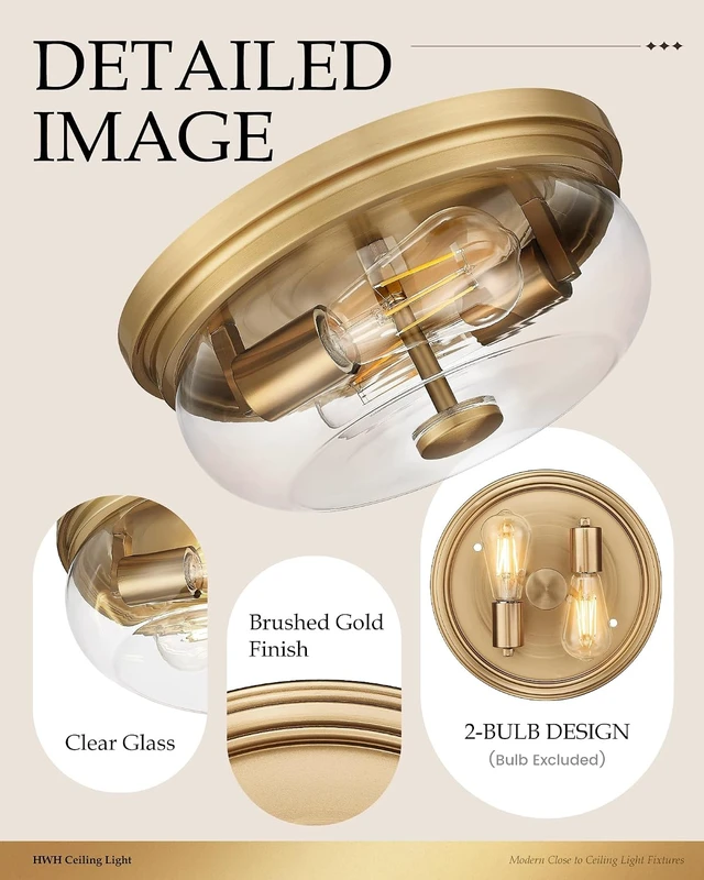 Alt view image 3 of 7 - Flush Mount Ceiling Light Fixture, HWH 2-Light Ceiling Light Fixture with Clear Glass, 12 Inch Light Fixtures Ceiling Mount for Kitchen, Bedroom, Bathroom, 5HJX109F BG