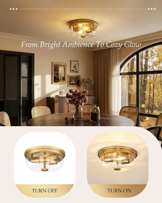 Alt view image 4 of 7 - Flush Mount Ceiling Light Fixture, HWH 2-Light Ceiling Light Fixture with Clear Glass, 12 Inch Light Fixtures Ceiling Mount for Kitchen, Bedroom, Bathroom, 5HJX109F BG