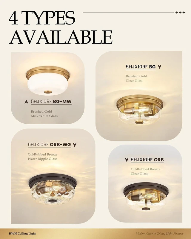 Alt view image 6 of 7 - Flush Mount Ceiling Light Fixture, HWH 2-Light Ceiling Light Fixture with Clear Glass, 12 Inch Light Fixtures Ceiling Mount for Kitchen, Bedroom, Bathroom, 5HJX109F BG