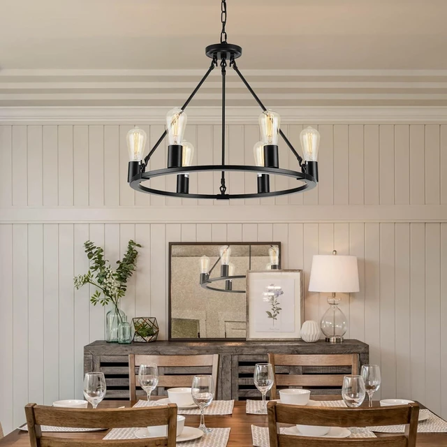 Main image of Black Chandelier, 6-Light Dining Room Light Fixture, Round Farmhouse Wagon Wheel Chandeliers for Dining Room Living Room Entryway Kitchen Island Dia 24"