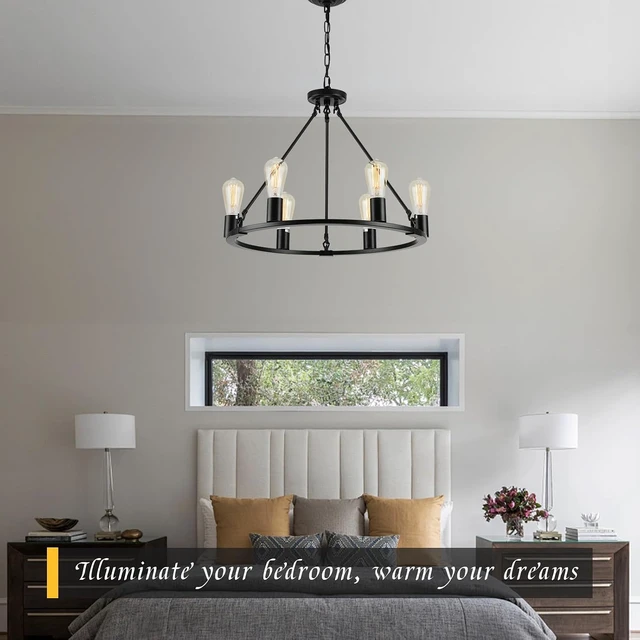 Alt view image 4 of 7 - Black Chandelier, 6-Light Dining Room Light Fixture, Round Farmhouse Wagon Wheel Chandeliers for Dining Room Living Room Entryway Kitchen Island Dia 24"