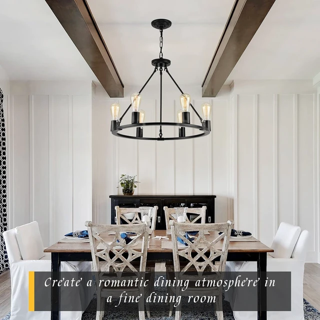 Alt view image 3 of 7 - Black Chandelier, 6-Light Dining Room Light Fixture, Round Farmhouse Wagon Wheel Chandeliers for Dining Room Living Room Entryway Kitchen Island Dia 24"