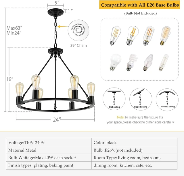 Alt view image 5 of 7 - Black Chandelier, 6-Light Dining Room Light Fixture, Round Farmhouse Wagon Wheel Chandeliers for Dining Room Living Room Entryway Kitchen Island Dia 24"