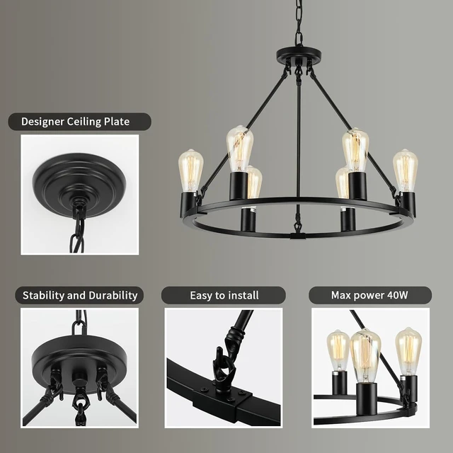 Alt view image 6 of 7 - Black Chandelier, 6-Light Dining Room Light Fixture, Round Farmhouse Wagon Wheel Chandeliers for Dining Room Living Room Entryway Kitchen Island Dia 24"