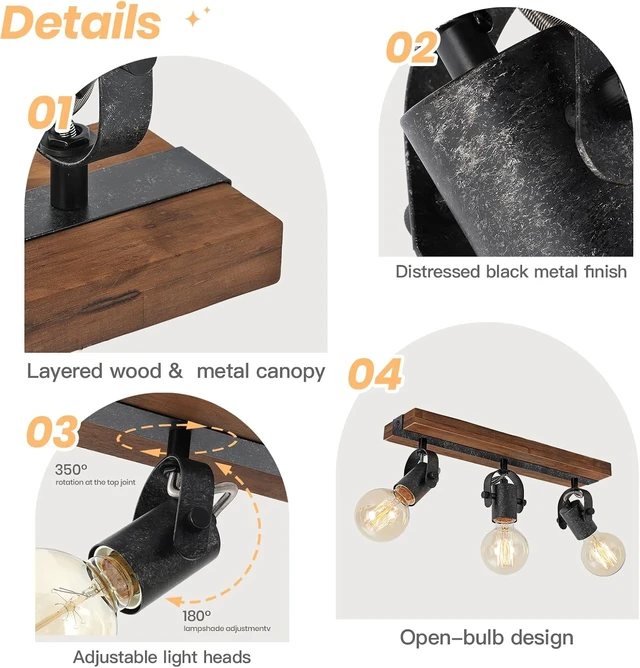 Alt view image 2 of 7 - Farmhouse Wood Ceiling Light, 3-Light Adjustable Directional Spotlight Fixture, Rustic Flush Mount Lighting for Kitchen, Bedroom, Hallway, Entryway