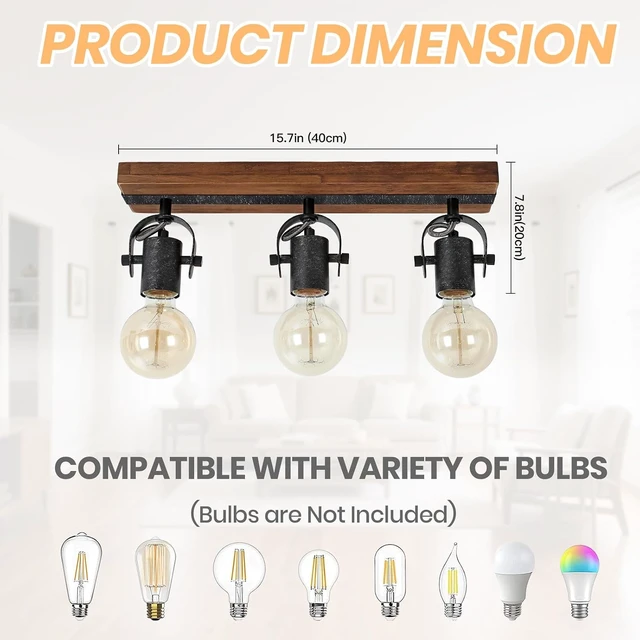 Alt view image 3 of 7 - Farmhouse Wood Ceiling Light, 3-Light Adjustable Directional Spotlight Fixture, Rustic Flush Mount Lighting for Kitchen, Bedroom, Hallway, Entryway
